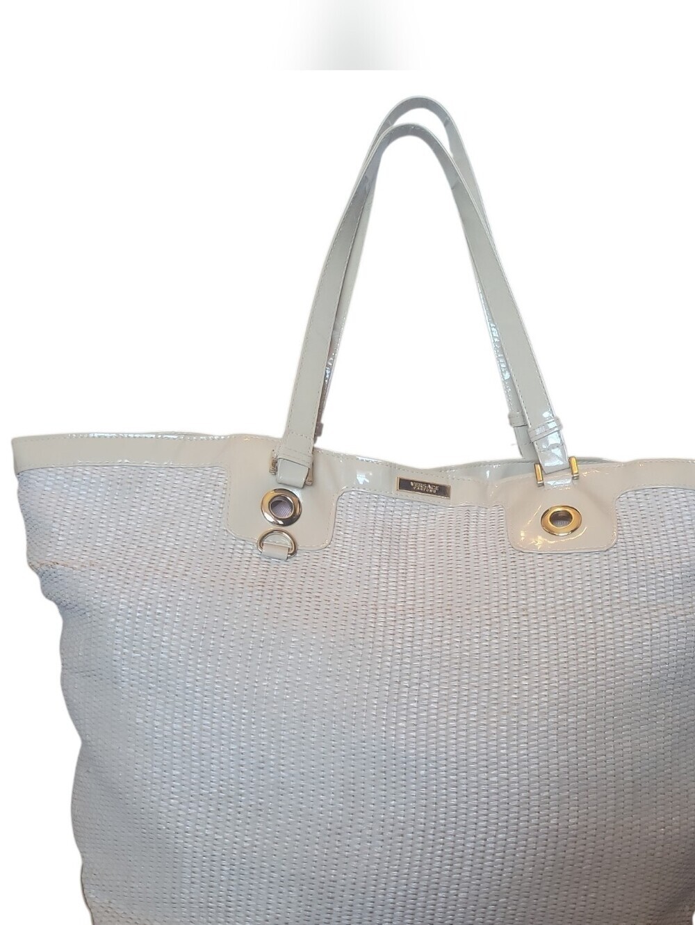 Versace Cream Woven Tote with Patent Trim and Gold Accents